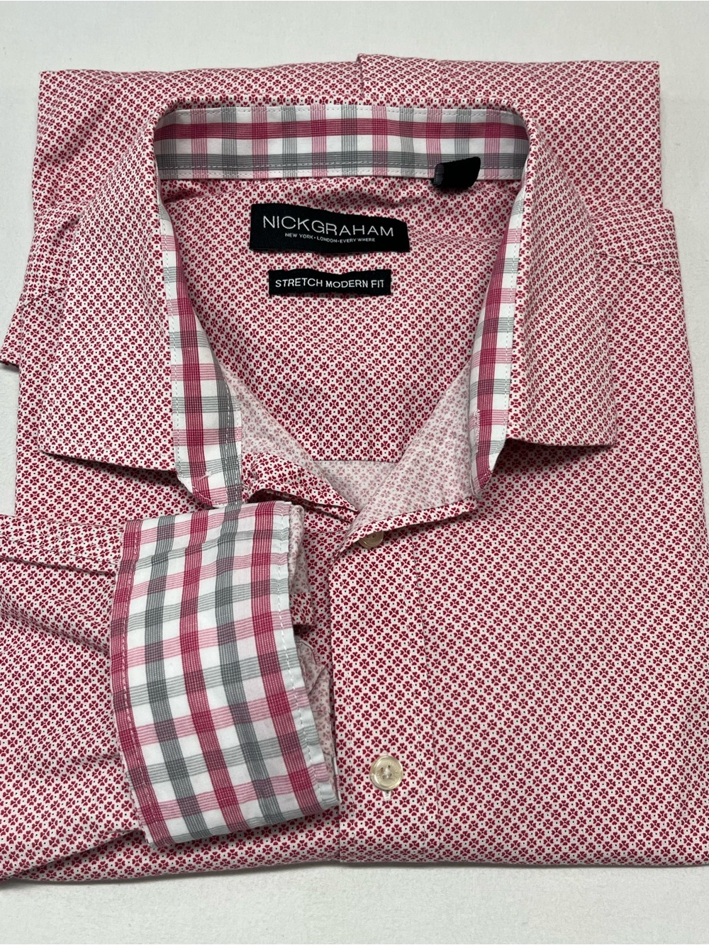 Nick Graham Men's Red Micro-Pattern Stretch Modern Fit Dress Shirt 17.5x35  1417